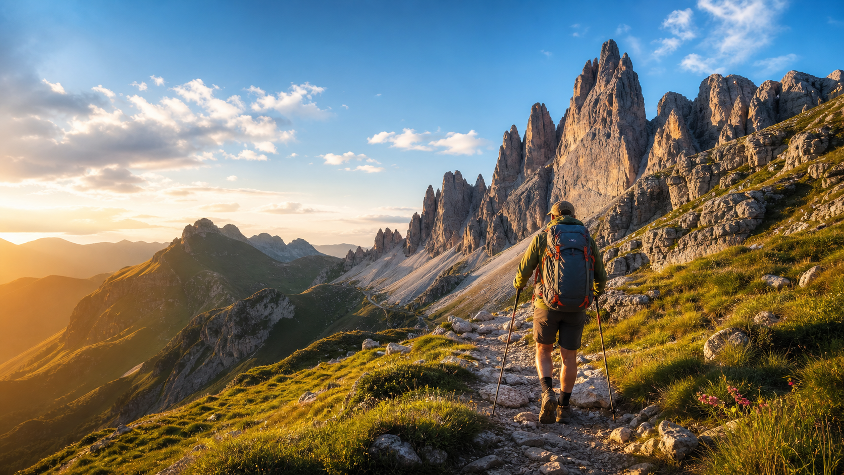 Escursionista con bastoncini da trekking sulle montagne italiane